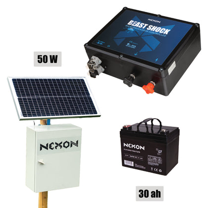 Pachet gard electric NEXON BeastShock 6 J 12V cu panou solar 50W și baterie 36Ah în cutie metalică