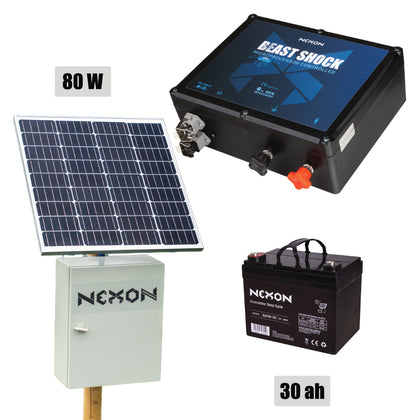Pachet gard electric NEXON BeastShock 7.5 J 12V cu panou solar 80W și baterie 36Ah în cutie metalică
