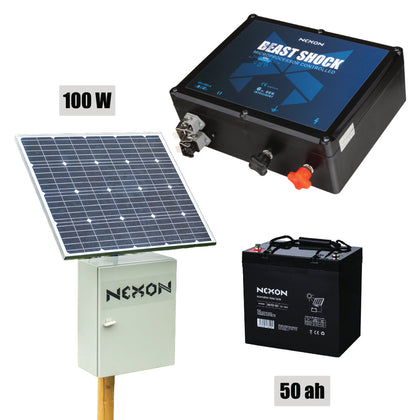 Pachet gard electric NEXON BeastShock 10 J 12V cu panou solar 100W, acumulator 50Ah și cutie metalică
