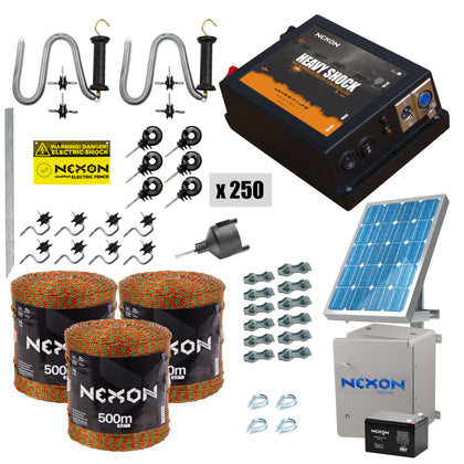 Pachet complet gard electric NEXON HeavyShock PRO 2.5 J 12V cu solar si cutie de protectie Fir gard electric ULTRA 1500m 5 lite-180kg
