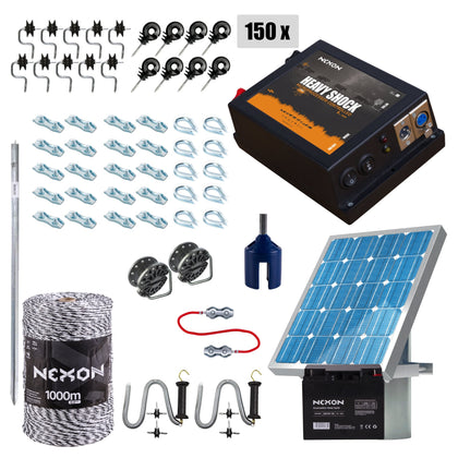 Pachet complet gard electric NEXON HeavyShock PRO 5.0J 12 V cu solar si fir 1000m 6 lite 130kg