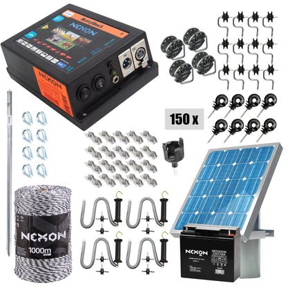 Pachet complet gard electric NEXON HeavyShock PRO 5.0J 12 V cu solar si fir 1000m 6 lite 130kg