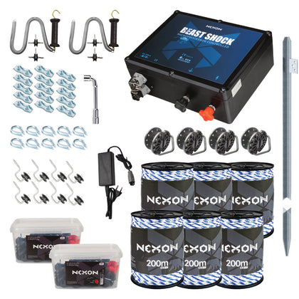 Pachet gard electric NEXON BeastShock 10J cu alimentator, Frânghie 1200m, 6 lite, 600kg