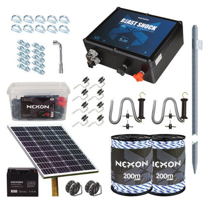Pachet gard electric NEXON BeastShock 6 J 12V cu panou solar 50W, frânghie 400m 6 lite 600kg
