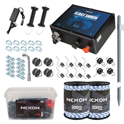 Pachet gard electric NEXON BeastShock 7.5J cu alimentator, Frânghie 400m, 6 lite, 600kg