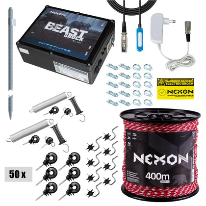 Pachet complet gard electric pentru apicultori NEXON BeastShock 8.5J 12V/230V, fir PROFESSIONAL 400m 4 lite 300kg