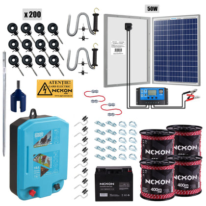 Pachet gard electric NEXON FAVORIT StrongShock 10J cu solar, baterie și 1600m fir