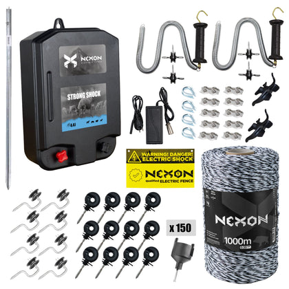 Pachet complet gard electric NEXON StrongShock 4.4J 12V/230V, fir 1000m 3 lite 120kg
