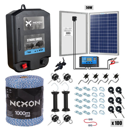 Pachet gard electric PREMIUM, NEXON StrongShock 6.6J cu Panou Solar și fir de 1000m