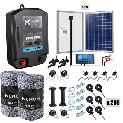 Pachet gard electric PREMIUM, NEXON StrongShock 6.6J cu Panou Solar și fir de 2000m
