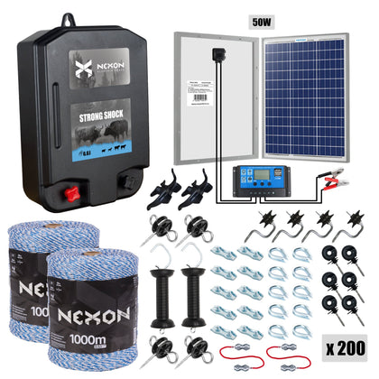 Pachet gard electric PREMIUM, NEXON StrongShock 6.6J cu Panou Solar și fir de 2000m