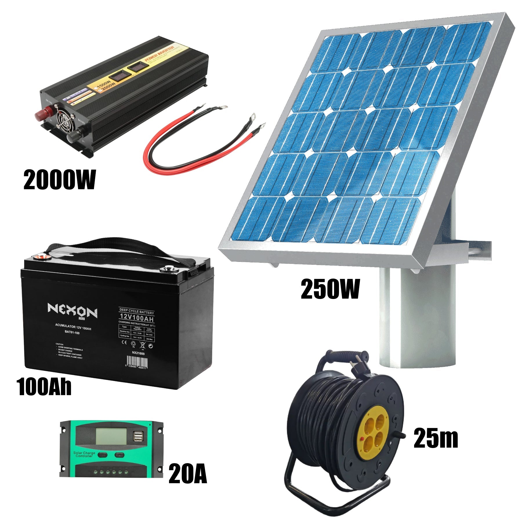 Kit fotovoltaic 250W cu regulator si inverter 2000W + Prelungitor 25m